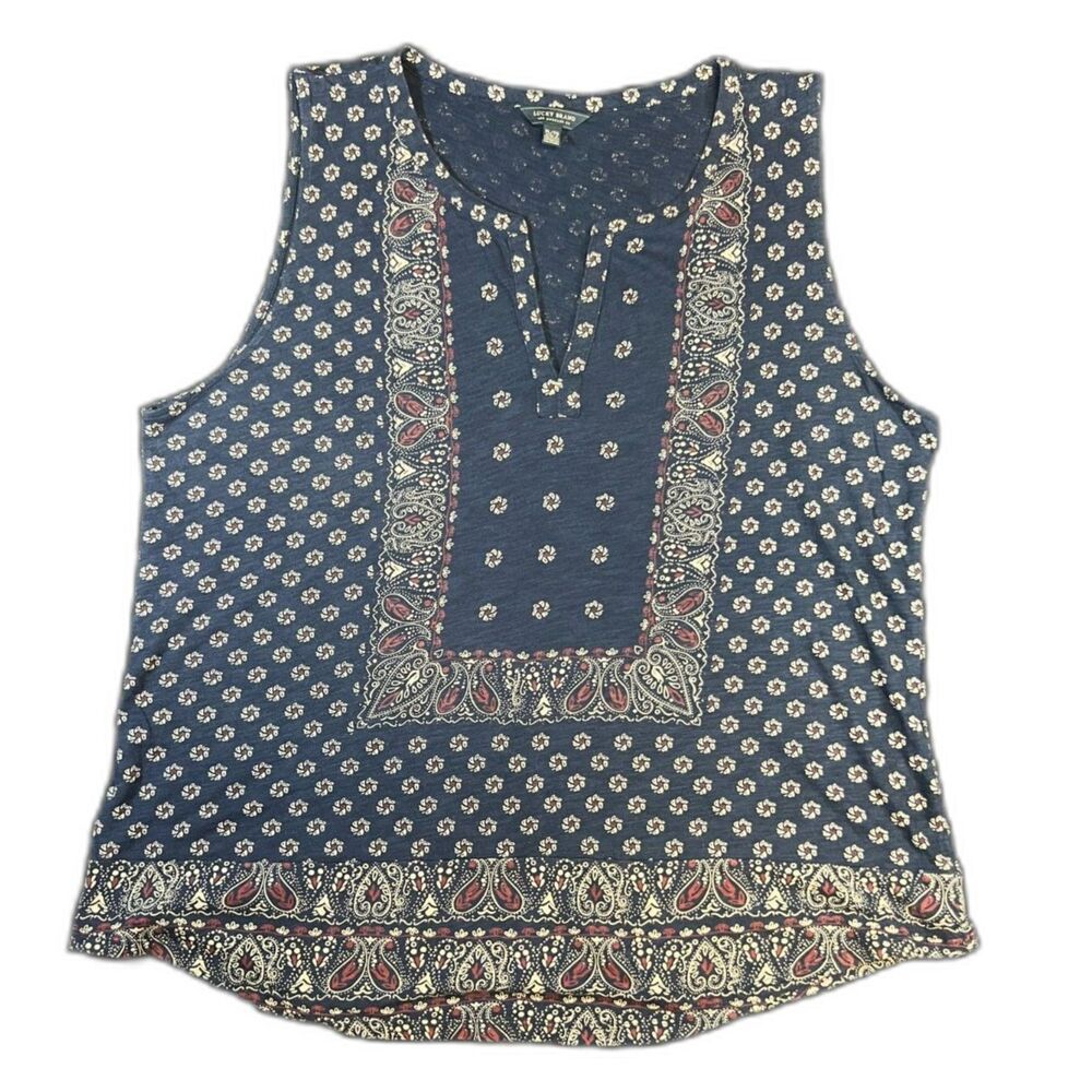 Womens Lucky Brand Boho Sleeveless Tank Top Blue Paisley Mixed Print Size XL
